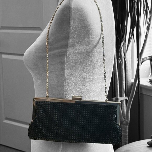 Vintage Style & Company Evening Bag Black Sequin Clutch Silver Chain Kiss Lock - Picture 3 of 10
